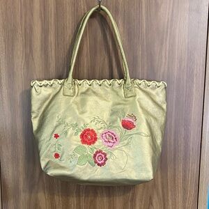 Source Unknown Gold Tote with Floral Embroidery EUC